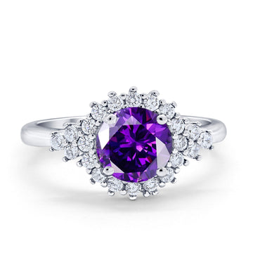 Halo Vintage Engagement Ring Round Simulated Amethyst CZ 925 Sterling Silver